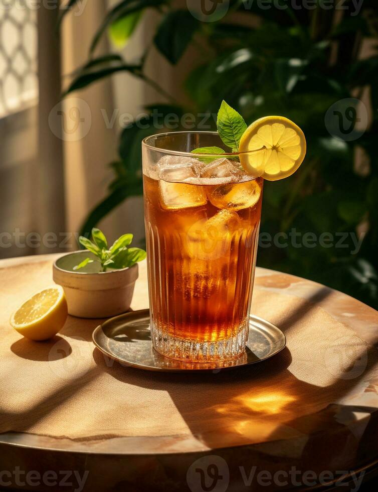 Photo of some Iced Tea drink elegantly plated on a table. Generative AI