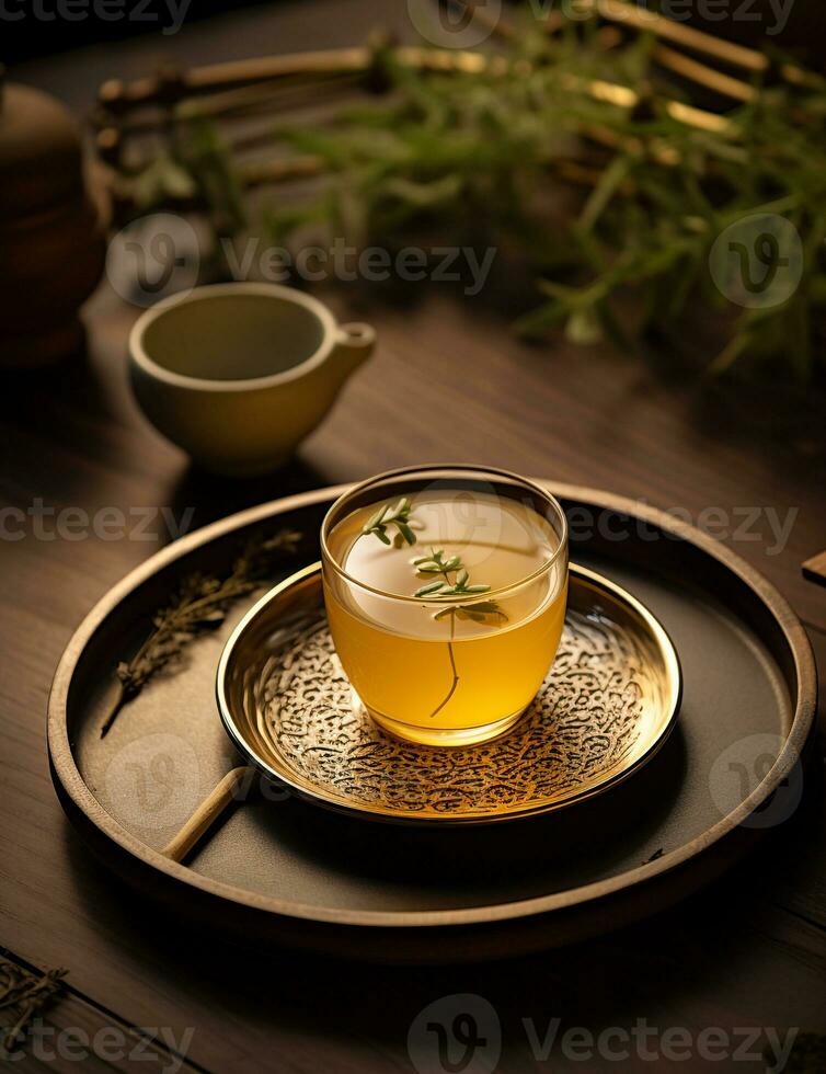 Photo of some Korean Barley Tea drink elegantly plated on a table. Generative AI