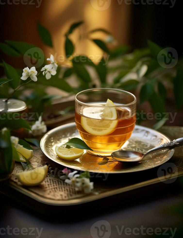 Photo of some Jasmine Tea drink elegantly plated on a table. Generative AI