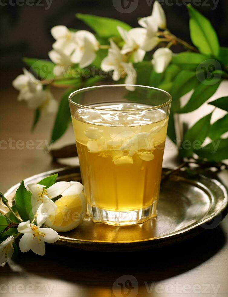 Photo of some Jasmine Tea drink elegantly plated on a table. Generative AI