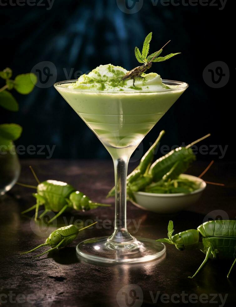 Photo of some Grasshopper drink elegantly plated on a table. Generative AI