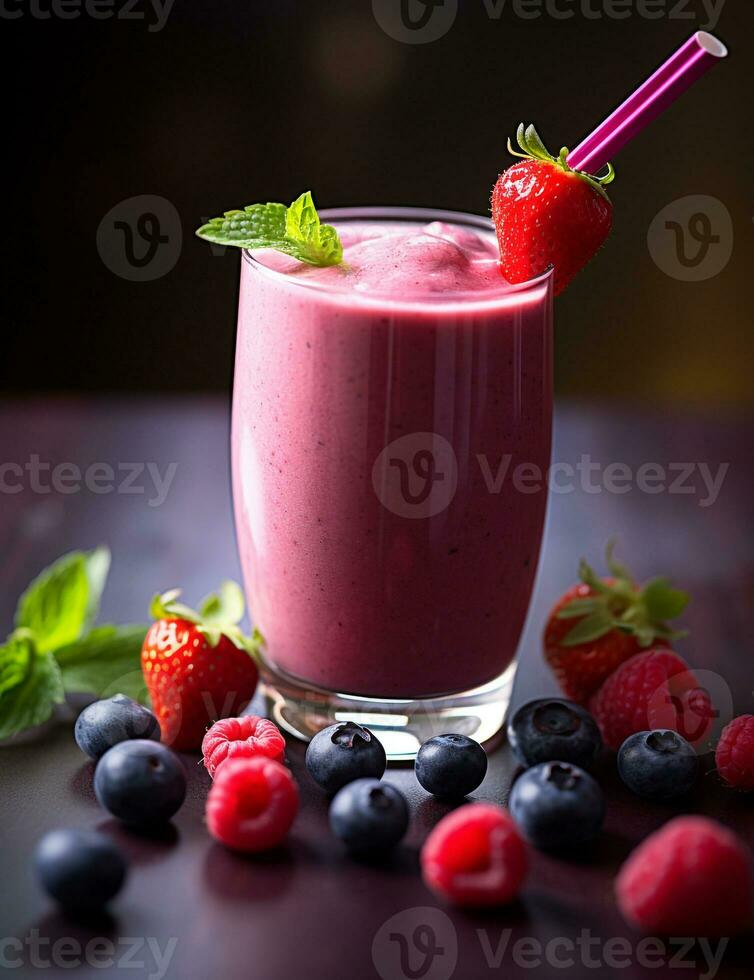 Photo of some Fresh Berry Smoothie drink elegantly plated on a table. Generative AI