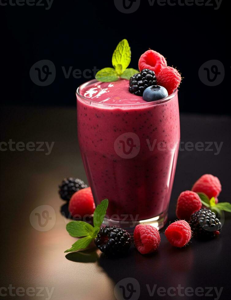 Photo of some Fresh Berry Smoothie drink elegantly plated on a table. Generative AI