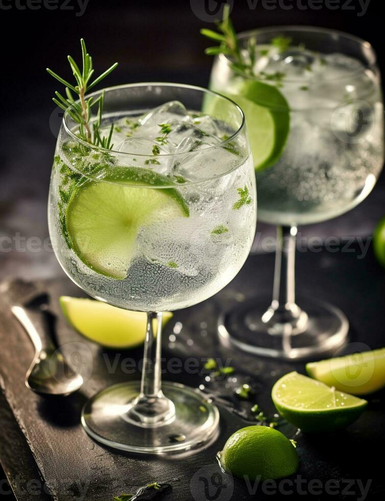 Photo of some Gin and Tonic drink elegantly plated on a table. Generative AI