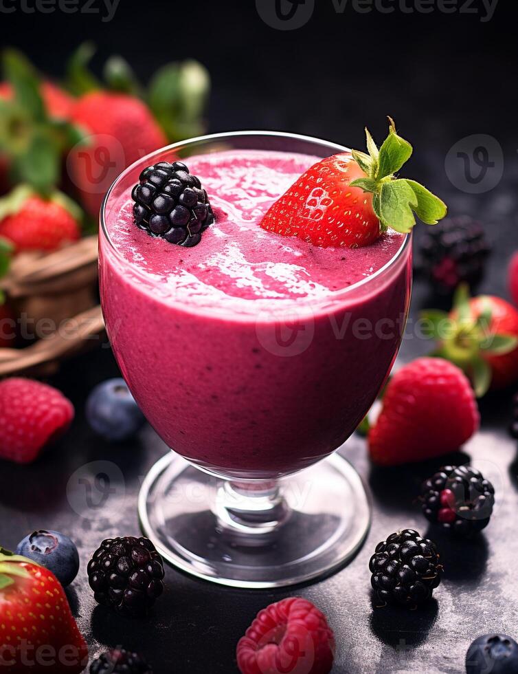 Photo of some Fresh Berry Smoothie drink elegantly plated on a table. Generative AI