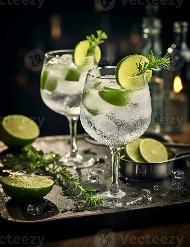 Photo of some Gin and Tonic drink elegantly plated on a table. Generative AI