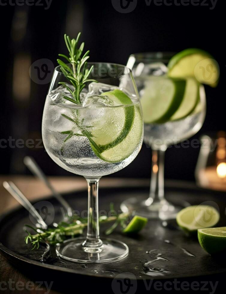 Photo of some Gin and Tonic drink elegantly plated on a table. Generative AI