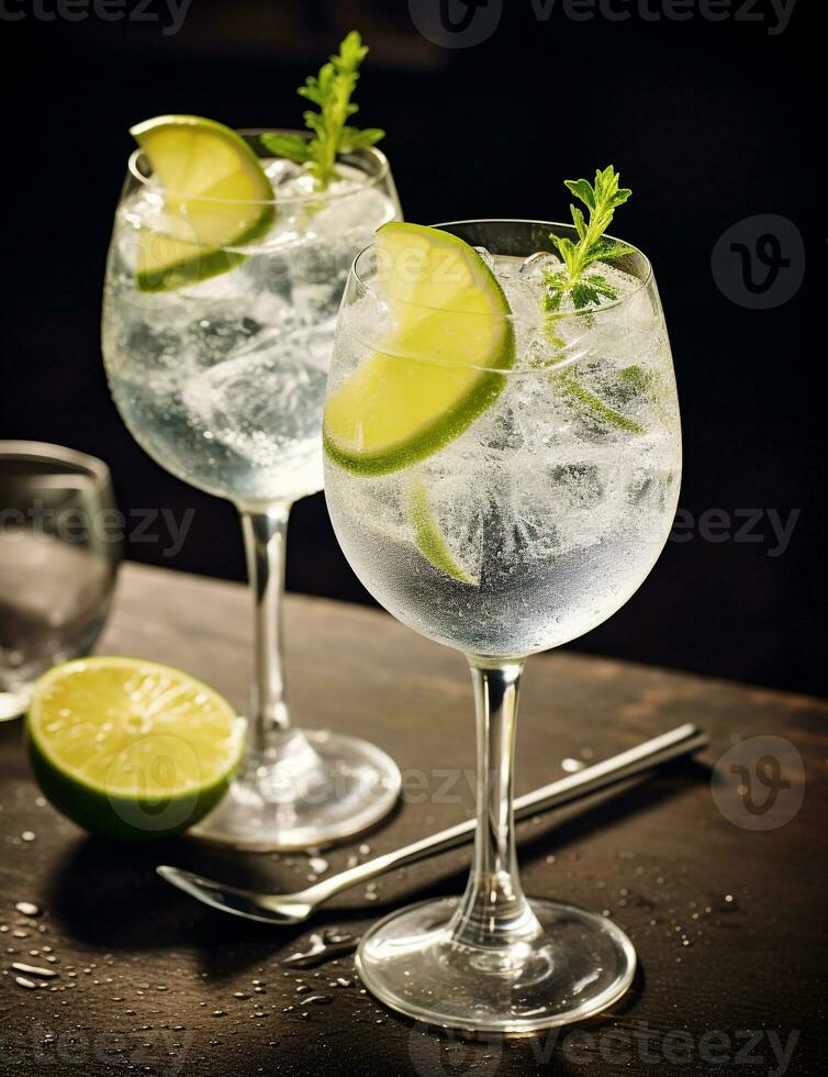 Photo of some Gin and Tonic drink elegantly plated on a table. Generative AI