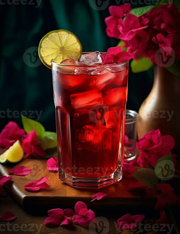 Photo of some Hibiscus Iced Tea drink elegantly plated on a table. Generative AI