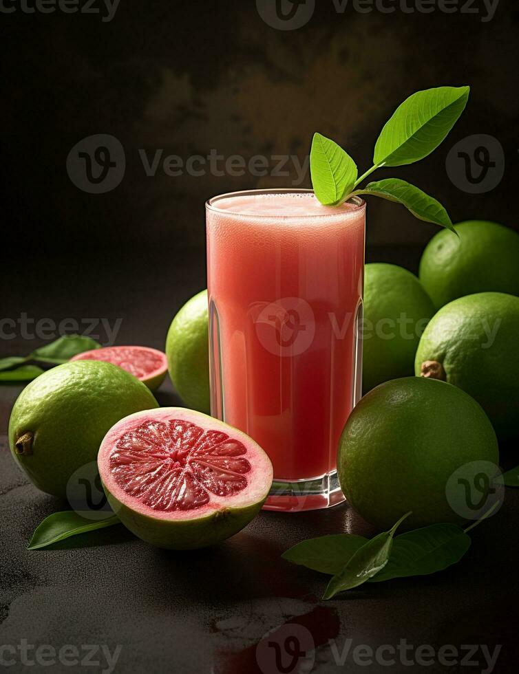 Photo of some Guava Juice drink elegantly plated on a table. Generative AI