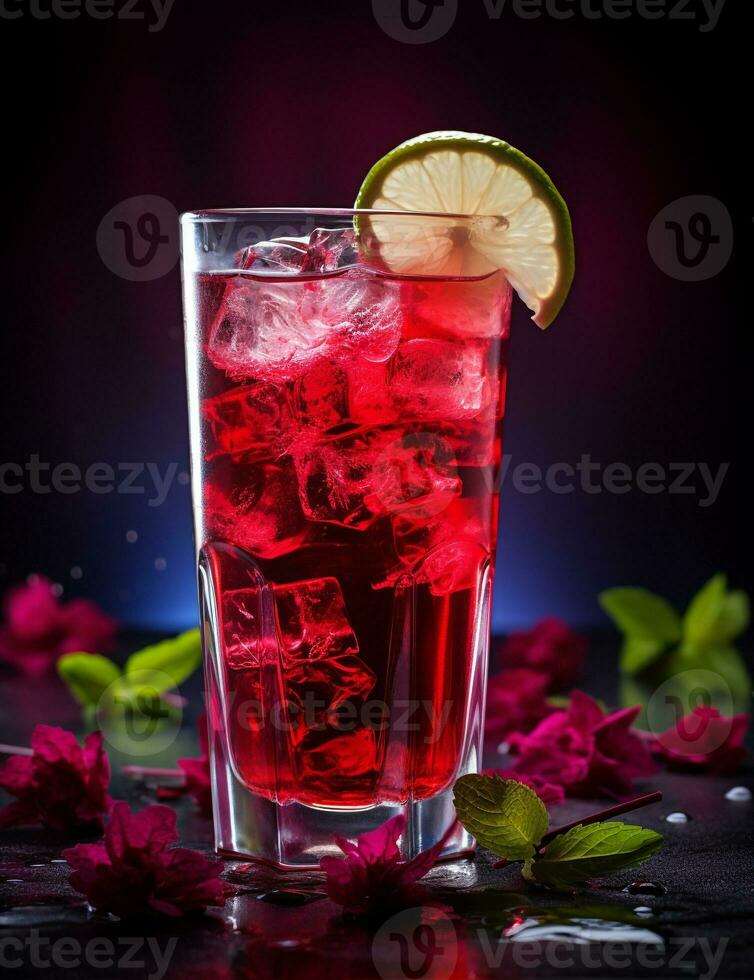 Photo of some Hibiscus Iced Tea drink elegantly plated on a table. Generative AI