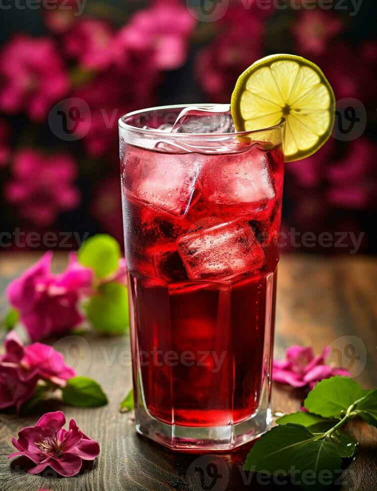Photo of some Hibiscus Iced Tea drink elegantly plated on a table. Generative AI