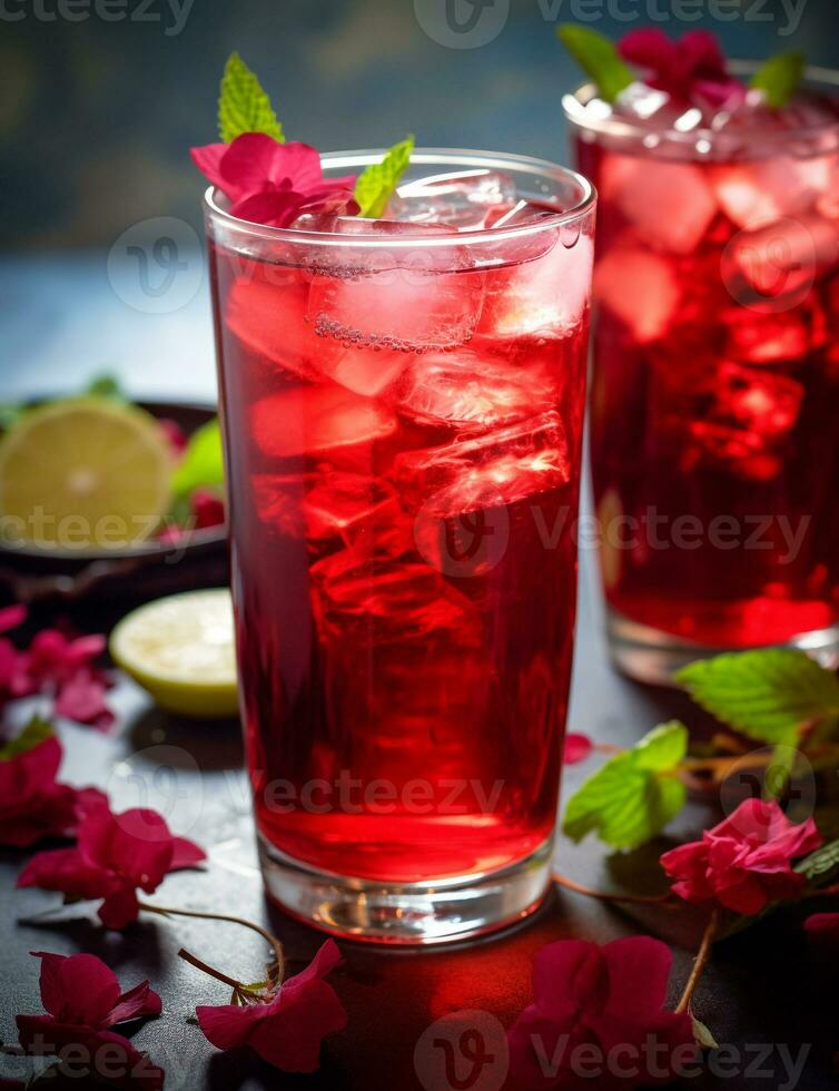 foto de algunos hibisco con hielo té bebida esmeradamente chapado en un mesa. generativo ai