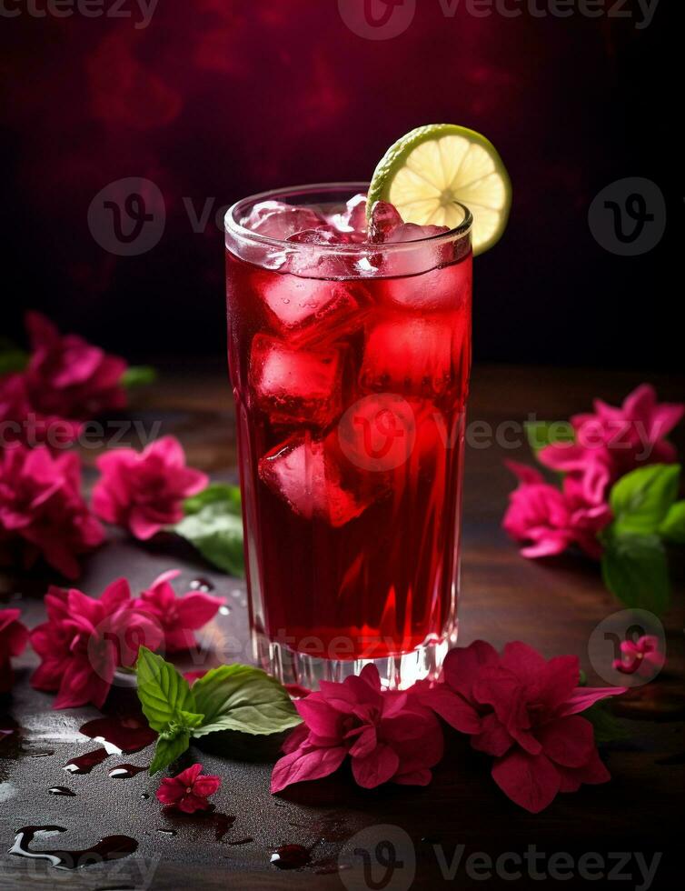 Photo of some Hibiscus Iced Tea drink elegantly plated on a table. Generative AI