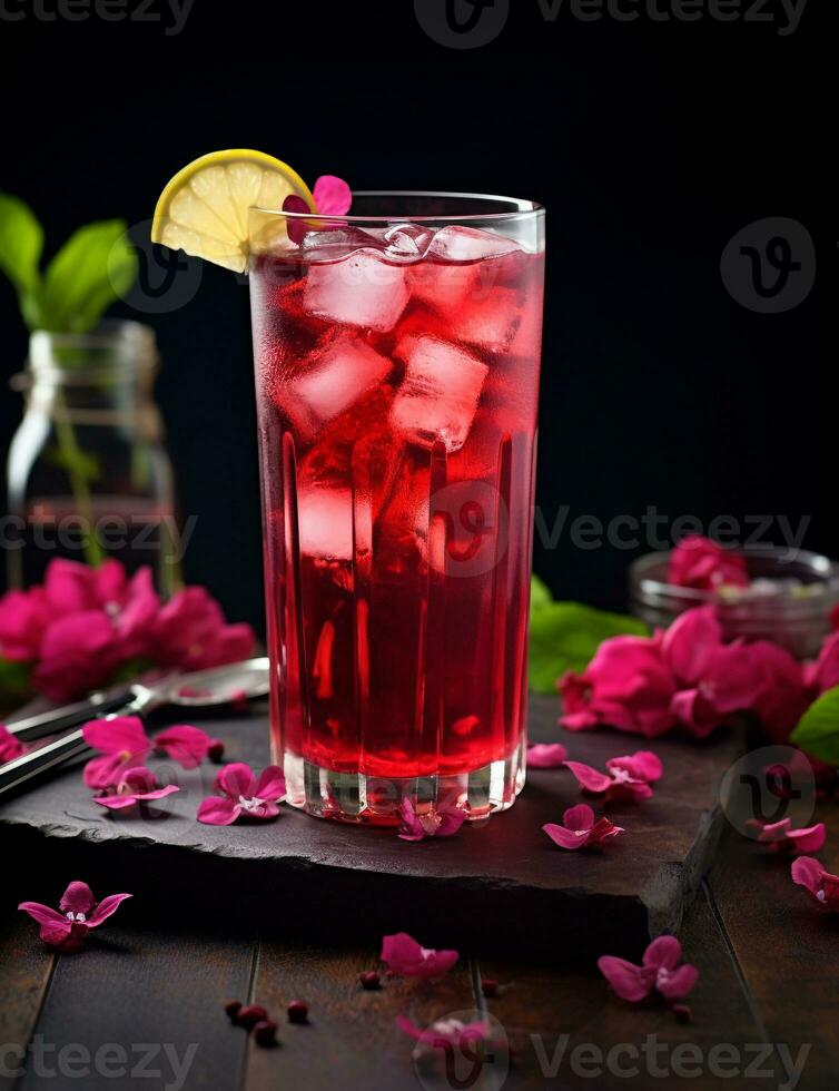 Photo of some Hibiscus Iced Tea drink elegantly plated on a table. Generative AI