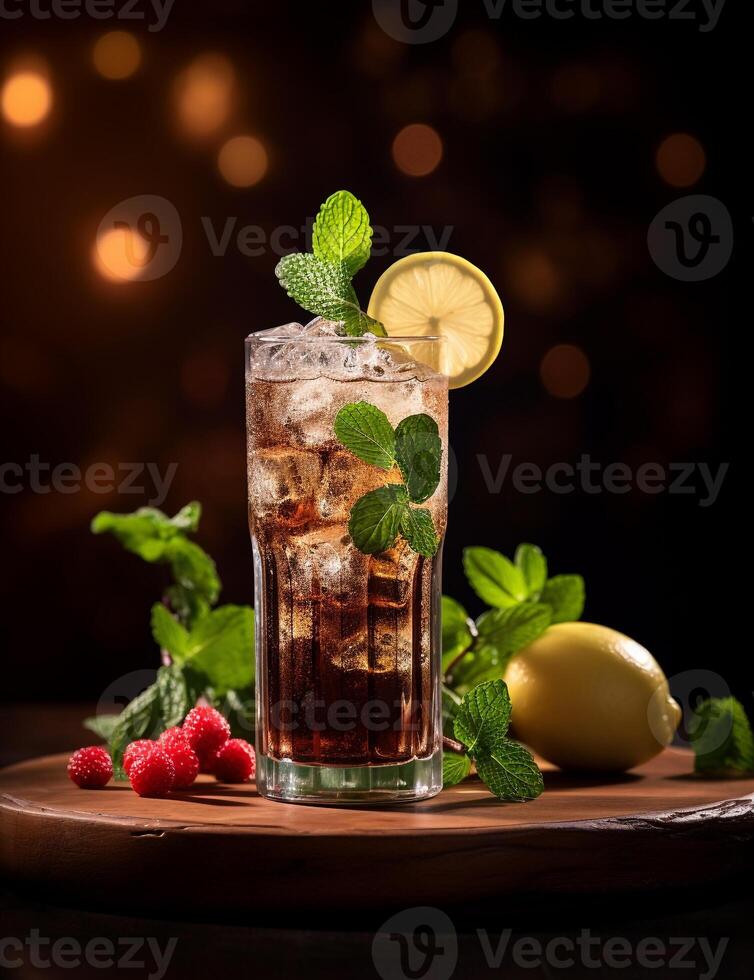 Photo of some Coca-Cola drink elegantly plated on a table. Generative