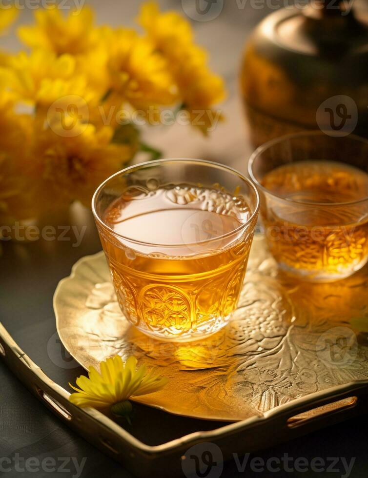 Photo of some Chrysanthemum Tea drink elegantly plated on a table. Generative AI