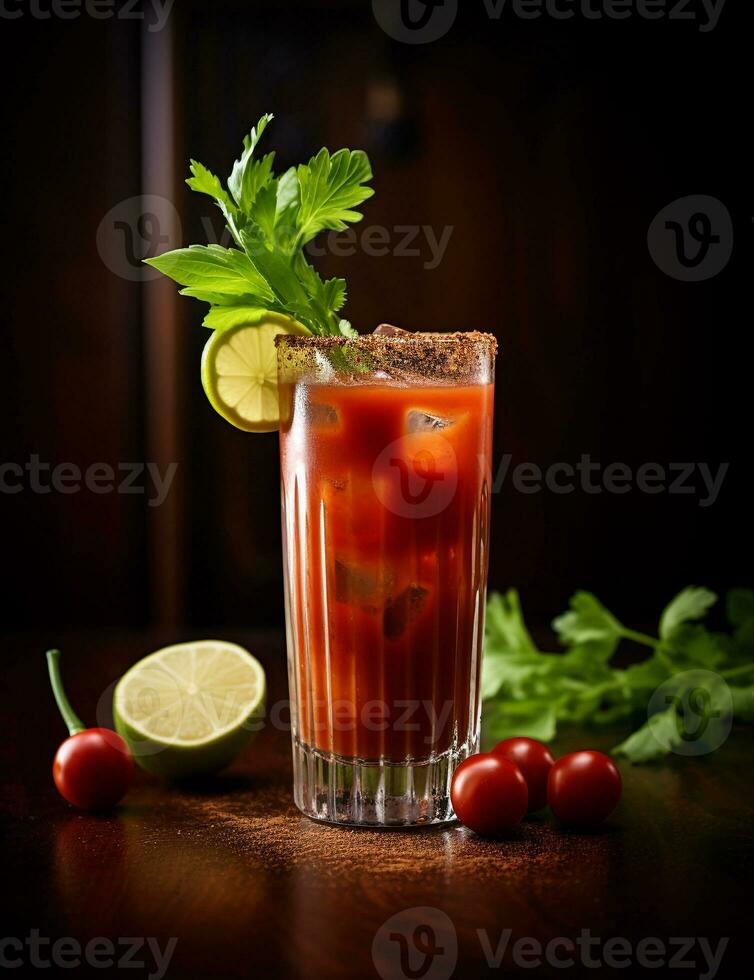 Photo of some Bloody Mary drink elegantly plated on a table. Generative AI