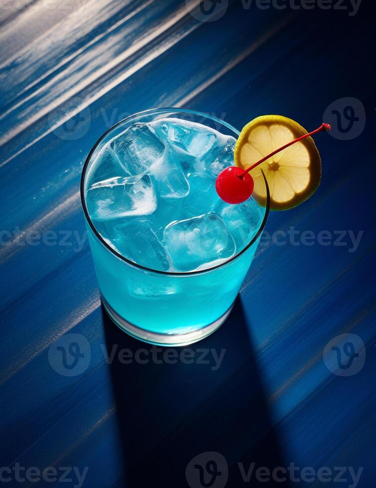 Photo of some Blue Lagoon Cocktail drink elegantly plated on a table. Generative AI