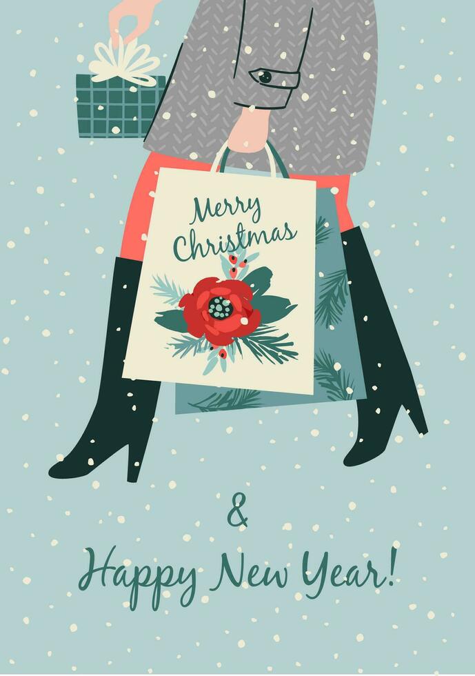 Christmas and Happy New Year isolated illustration. Lady carries gifts. Trendy retro style. Vector design template.