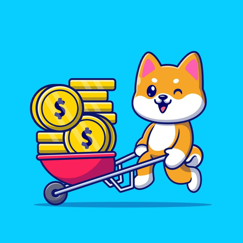 Cute Shiba Inu Dog Pushing Cart Gold Coin Cartoon Vector  Icon Illustration. Animal Business Icon Concept Isolated  Premium Vector. Flat Cartoon Style