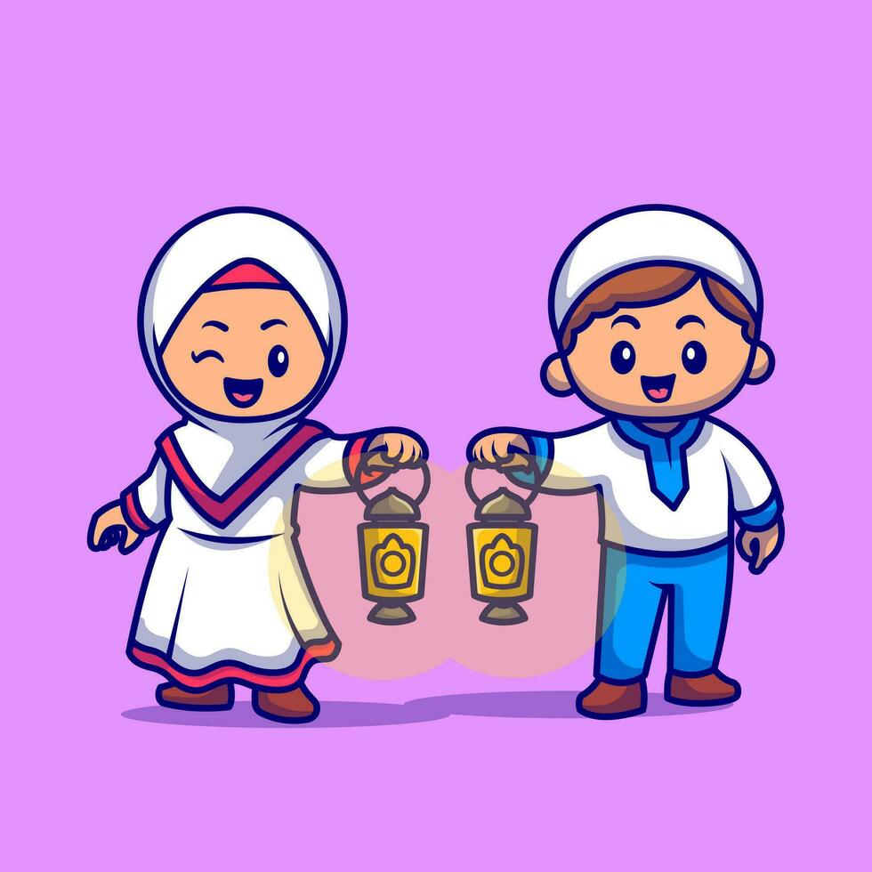 Cute Girl And Boy Moslem Bring Lantern Lamp Cartoon  Vector Icon Illustration. People Religion Icon Concept Isolated  Premium Vector. Flat Cartoon Style