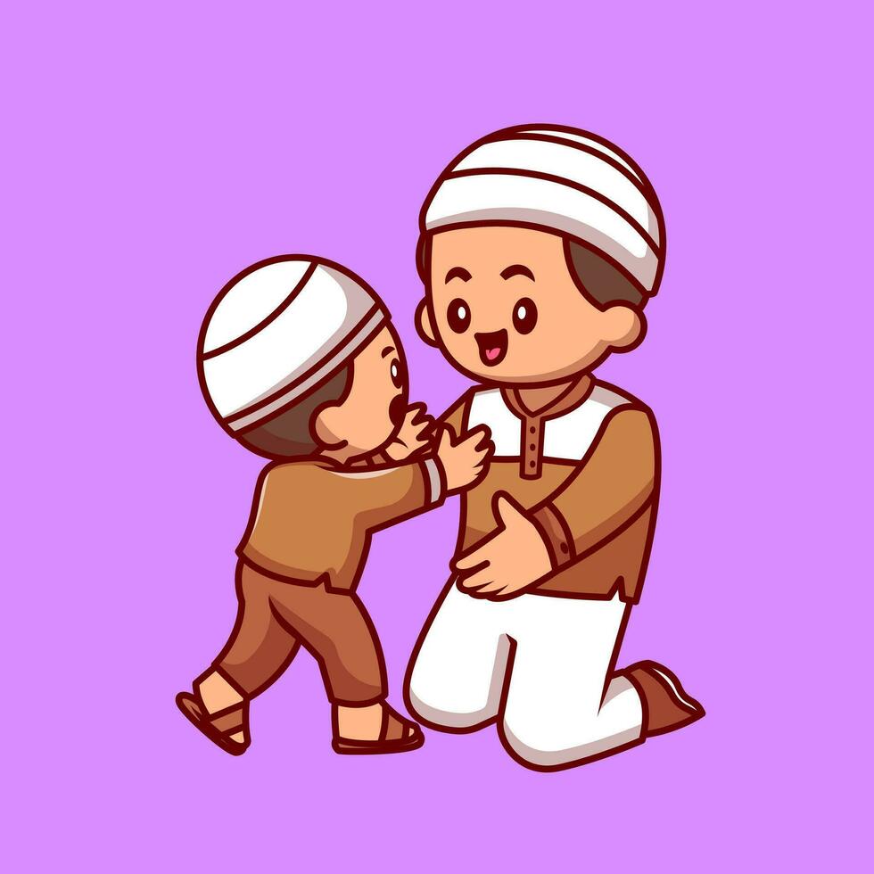 padre y hijo musulmán celebrando eid Mubarak dibujos animados vector icono ilustración. personas religión icono concepto aislado prima vector. plano dibujos animados estilo