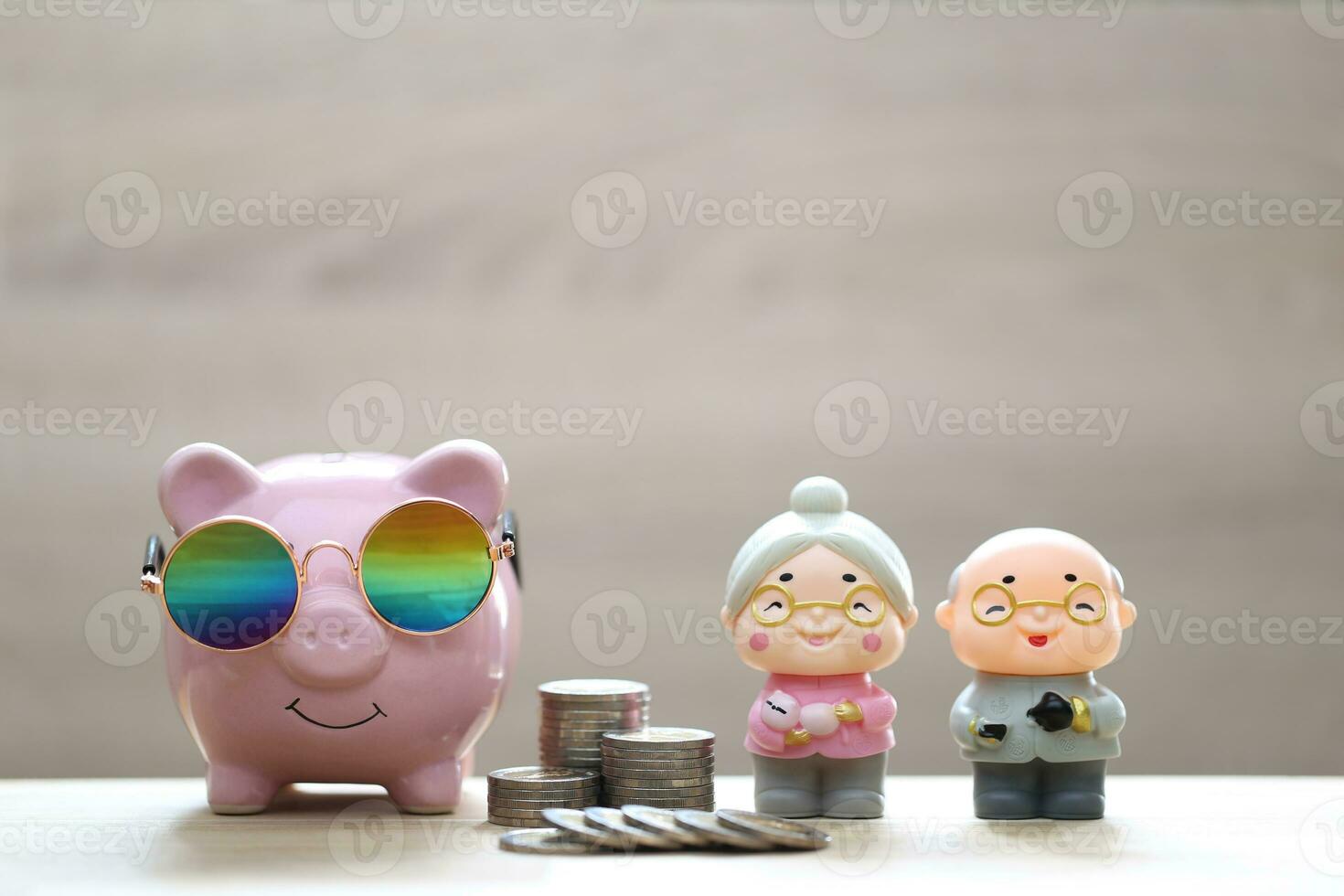 Mutual fund, Love couple senior and piggy bank on white background, Save money for prepare in future and pension retirement concept photo