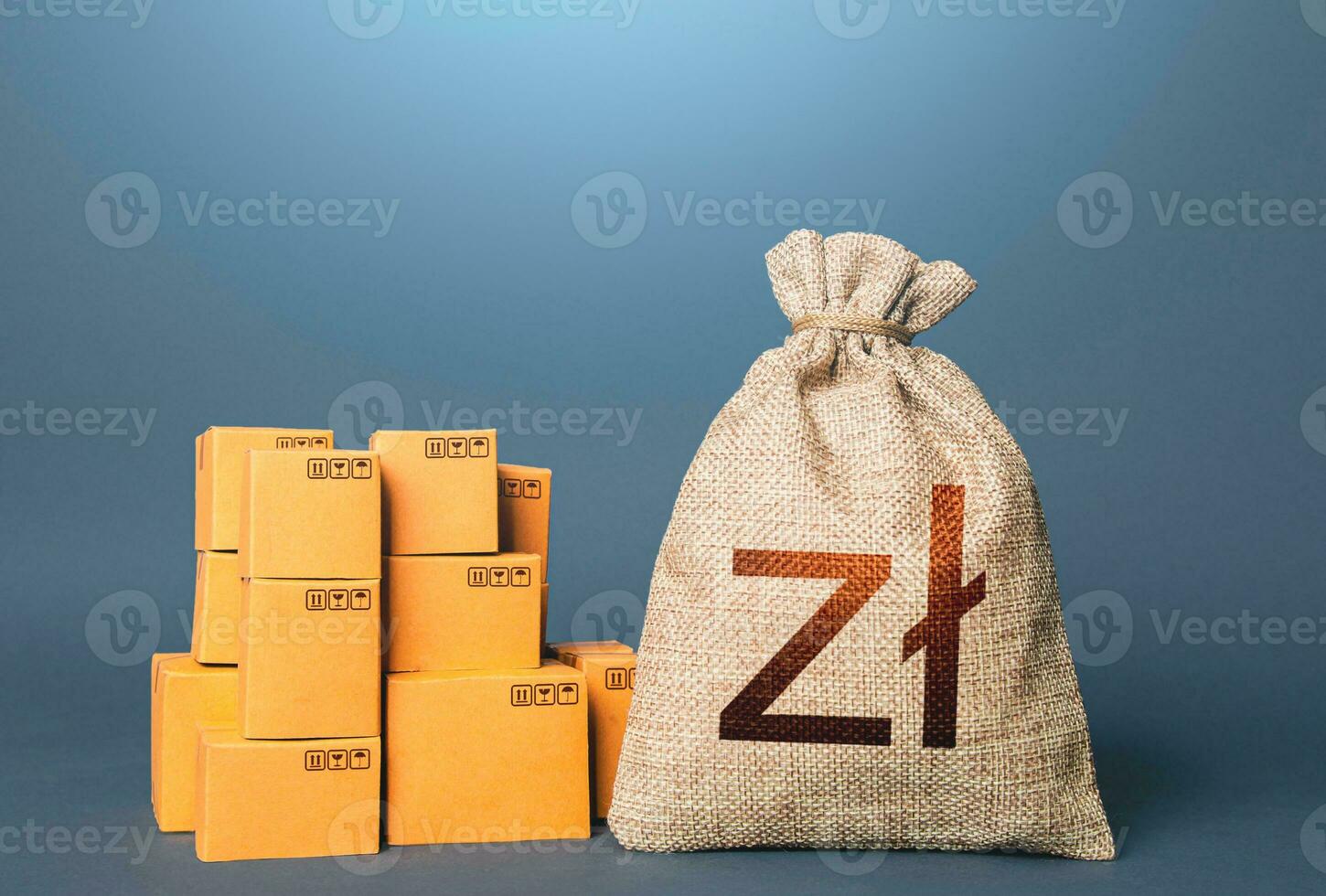 Boxes and polish zloty money bag. Warehousing logistics. Business industry. Delivering. Profit from trading. GDP economy. Import export. The concept of trade in goods and production. photo