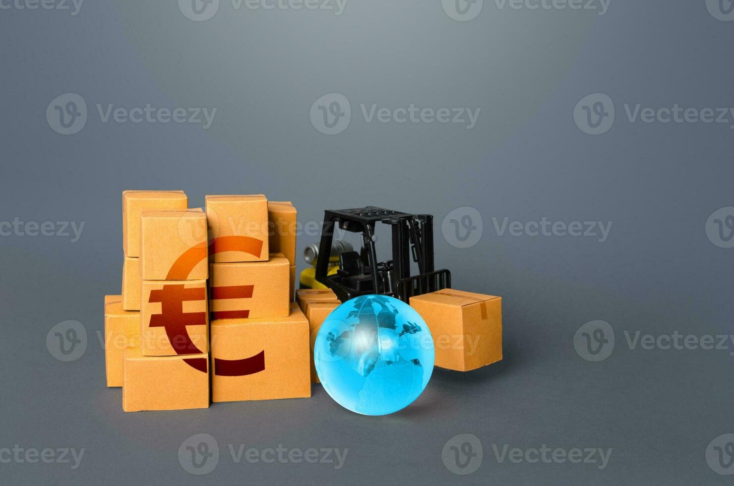 Forklift truck and boxes with Euro symbol. Trade and transportation of goods. Business globalization. Import export. Warehousing logistics. Business industry. Economic zone of European Union. photo