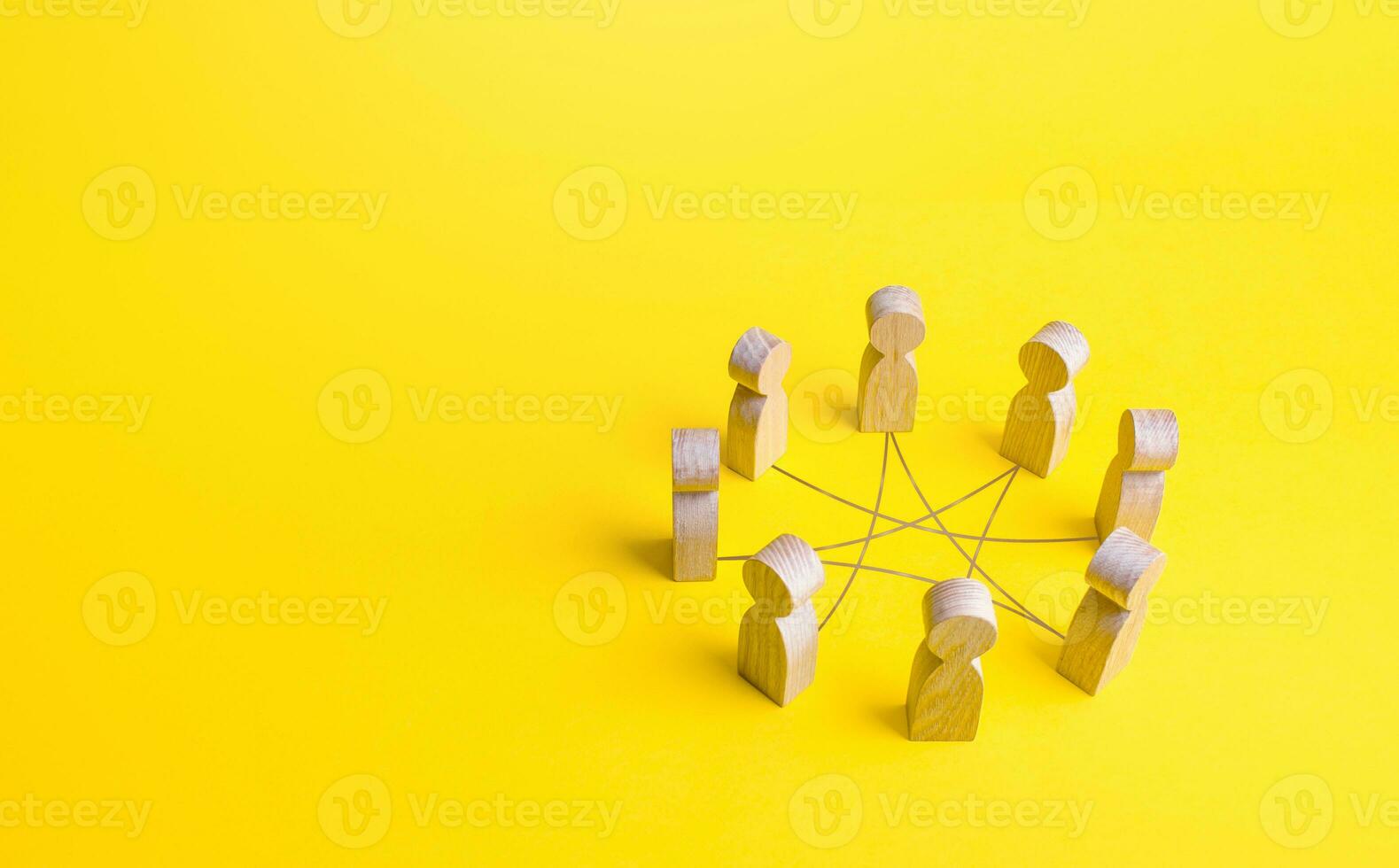 People in circle connected by line curves. Involvement in a collaborative workflow. Teamwork. Negotiation and dialogue. Business meeting. Conference, forum. Joint development of solutions to problems. photo