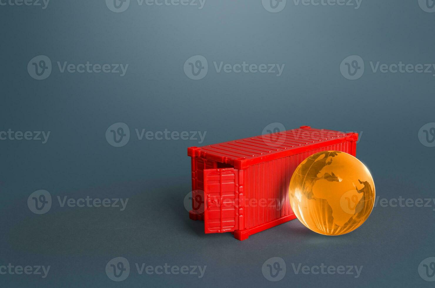 Cargo ship container and Earth globe. Services of express delivery and transportation of goods. Business and commerce, import export. World trade, logistics. Global shortage of sea containers photo