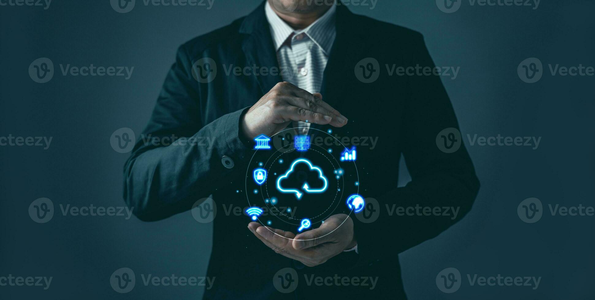 man hold cloud computing system diagram show on hand.Data storage.Digital technology network service business in wireless storage concept. Implementing storage technology support in business. photo