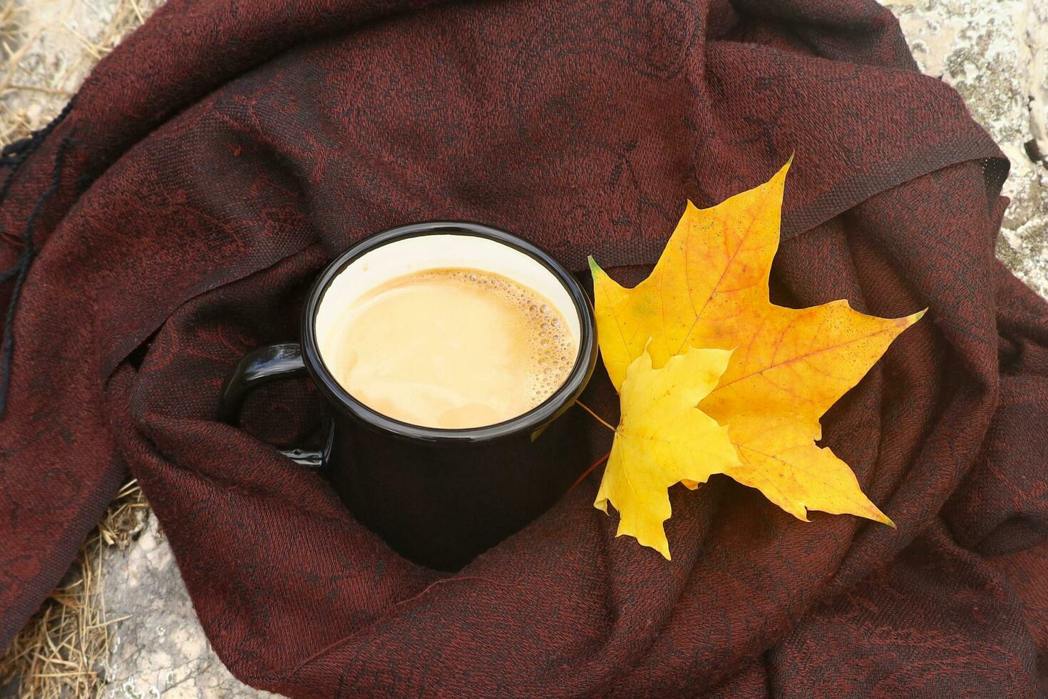 Hot milk coffe in enamel black mug wrapped in brown scarf with two yellow maple leaves as decor. Autumn hygge mood. Outdoors, picnic, camping, travel, trekking concept. photo