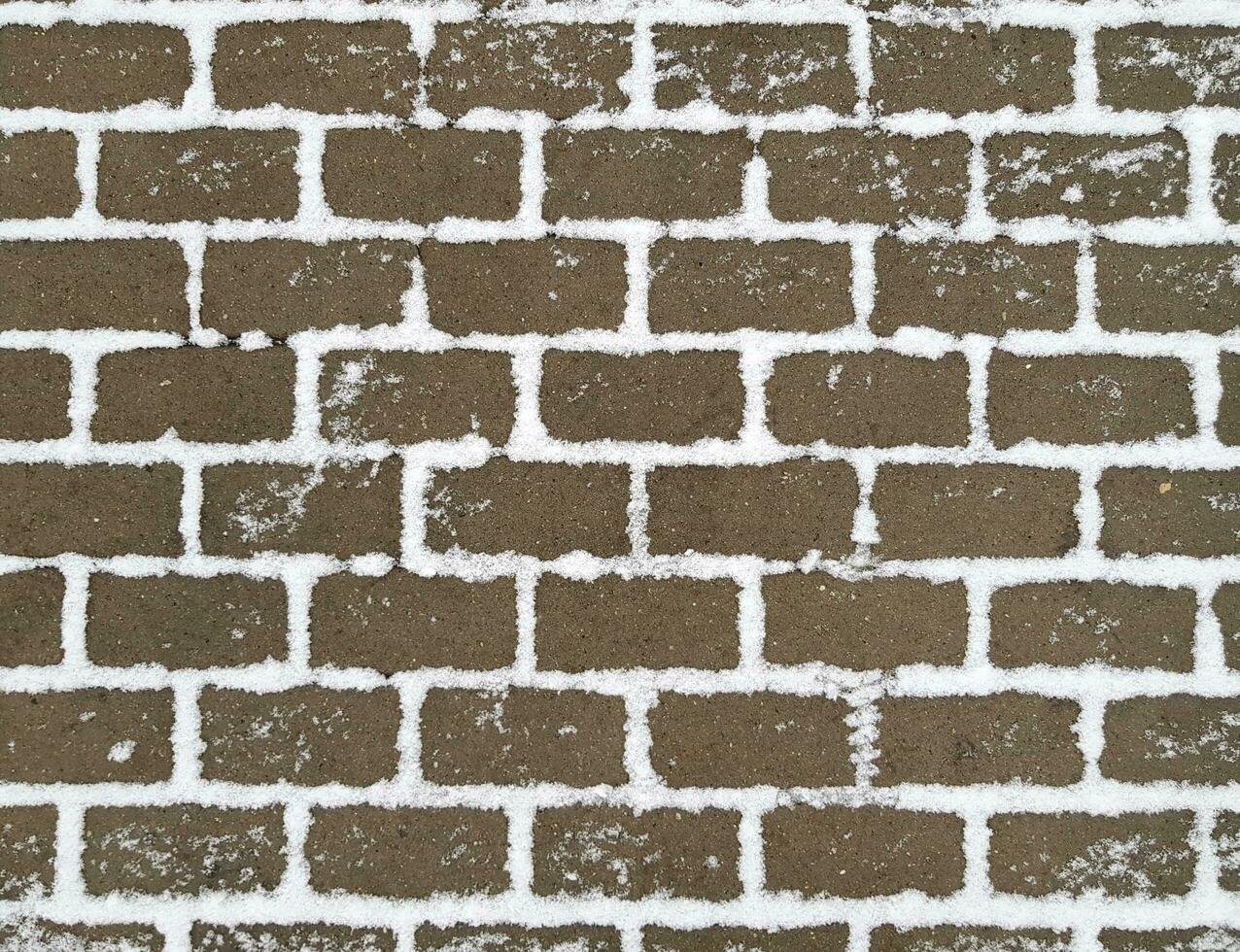 Dark brown sidewalk paving stones with white snow in gaps between. Rectangular horizontal stones background photo