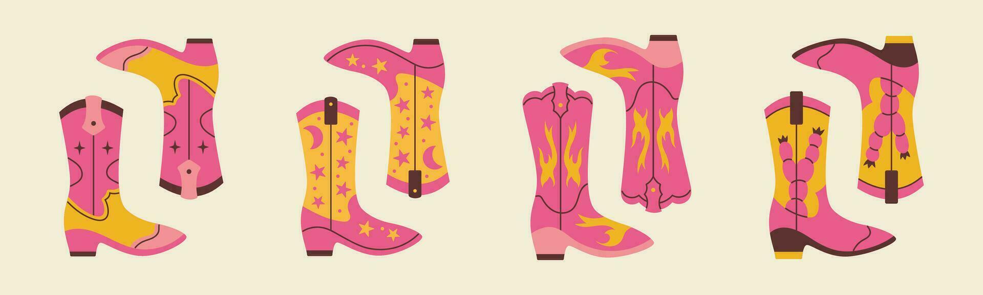 Vector collection of different cowboy boots. Texas and rodeo concept. Western set. Stylish retro wild west boots.