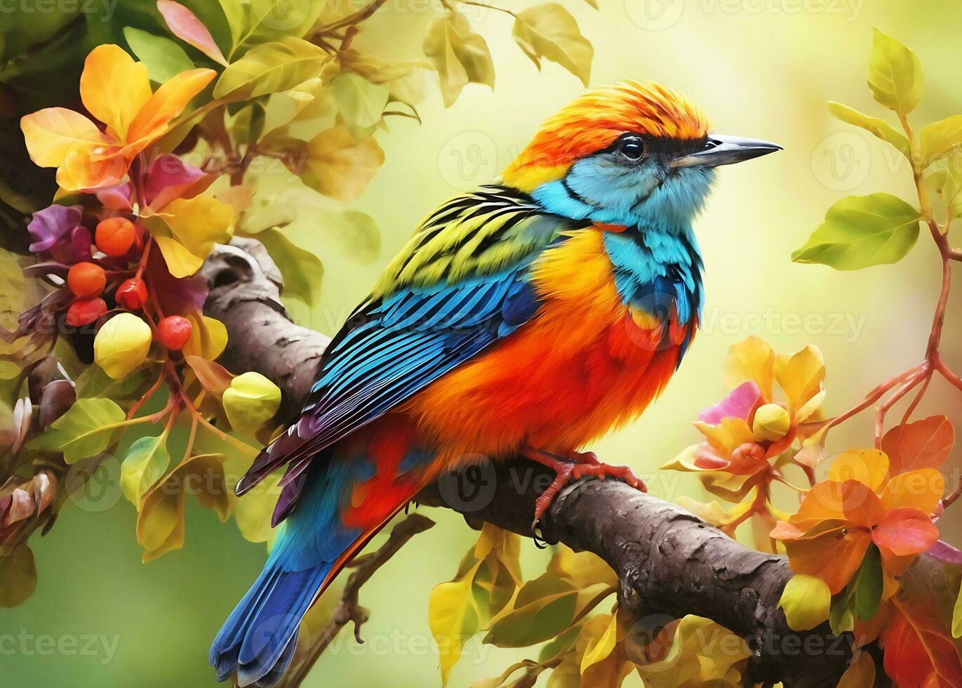 color lleno pájaro sentado en el bosque rama árbol. generado ai foto