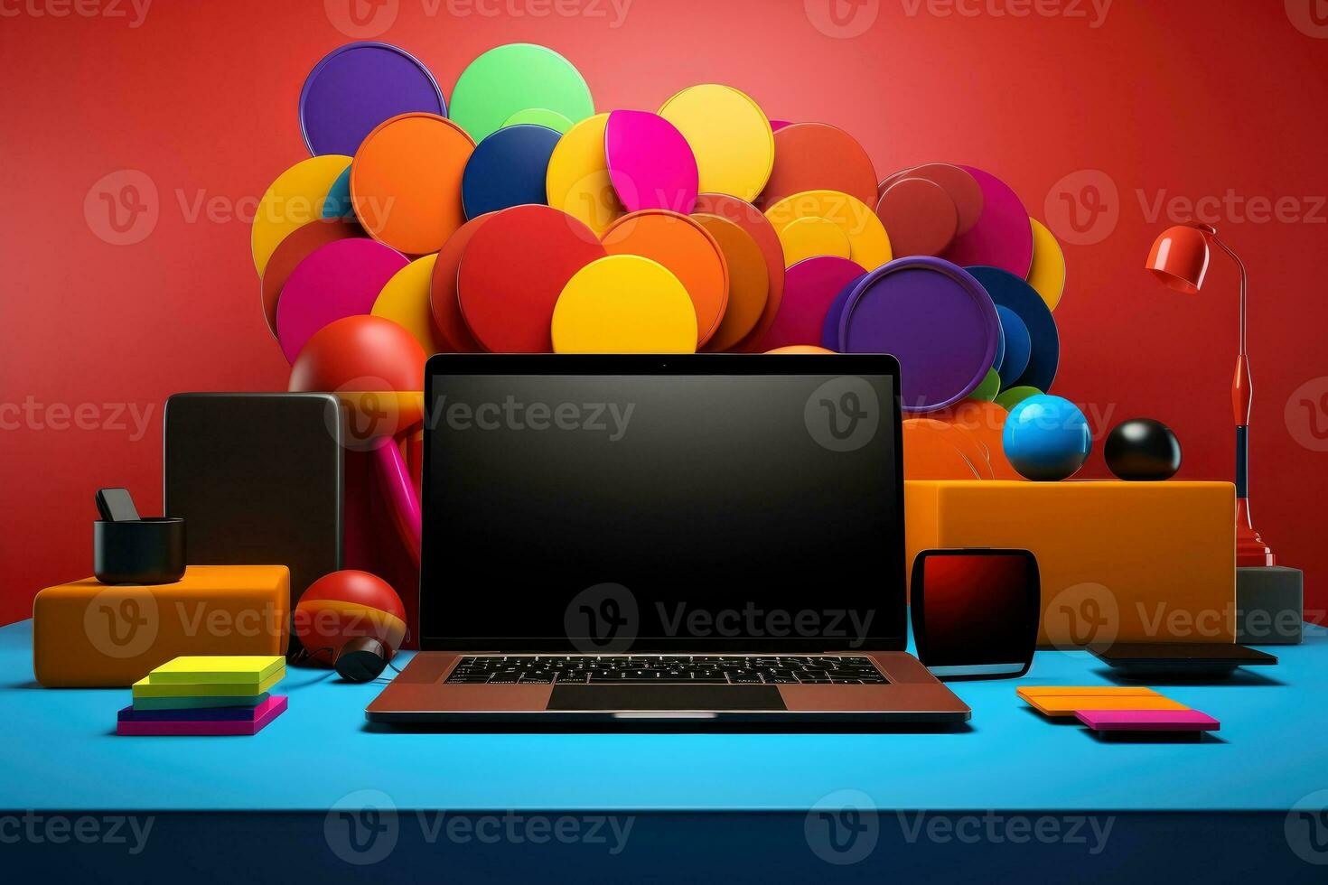 Mockup of beautiful laptop with multicolor background, Generative AI illustration photo