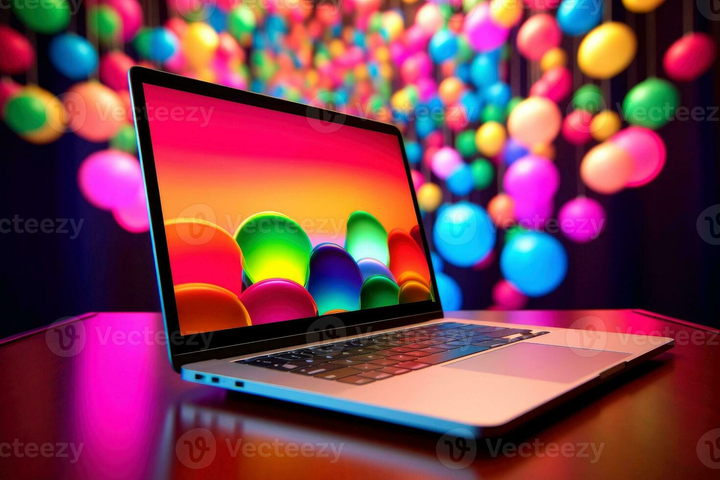 Mockup of beautiful laptop with multicolor background, Generative AI illustration photo