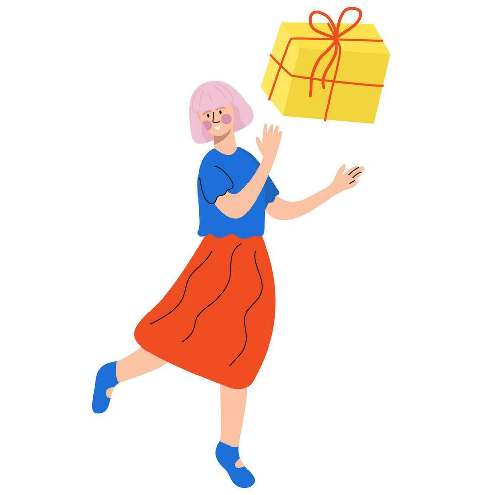 contento mujer, niña con un regalo. cumpleaños, nuevo año o Navidad celebracion. vector