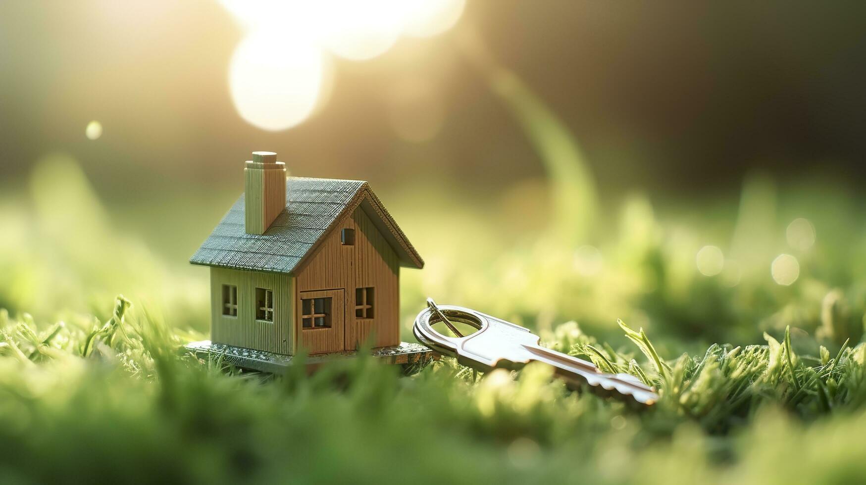 Copy space of home. Small model home on green grass with sunlight. AI Generative photo