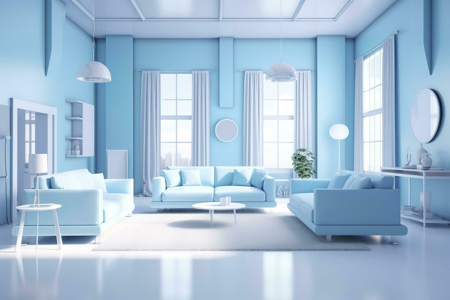 A professional and eye catching light blue with white living room in the metaverse, futuristic, AI Generative photo