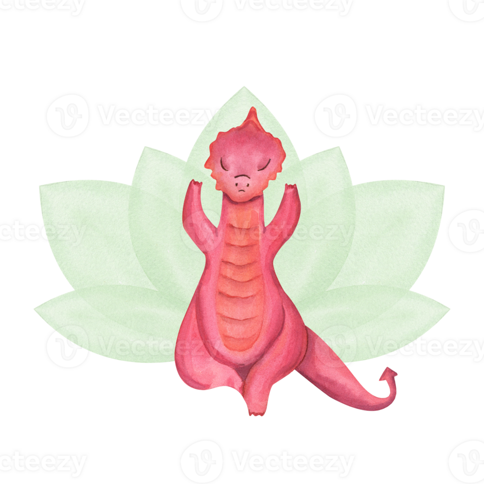 Red dragon meditating and practicing Vrikshasana. The background of abstract waterlily flower. Animal practicing fitness exercises. Watercolor illustration. For design png