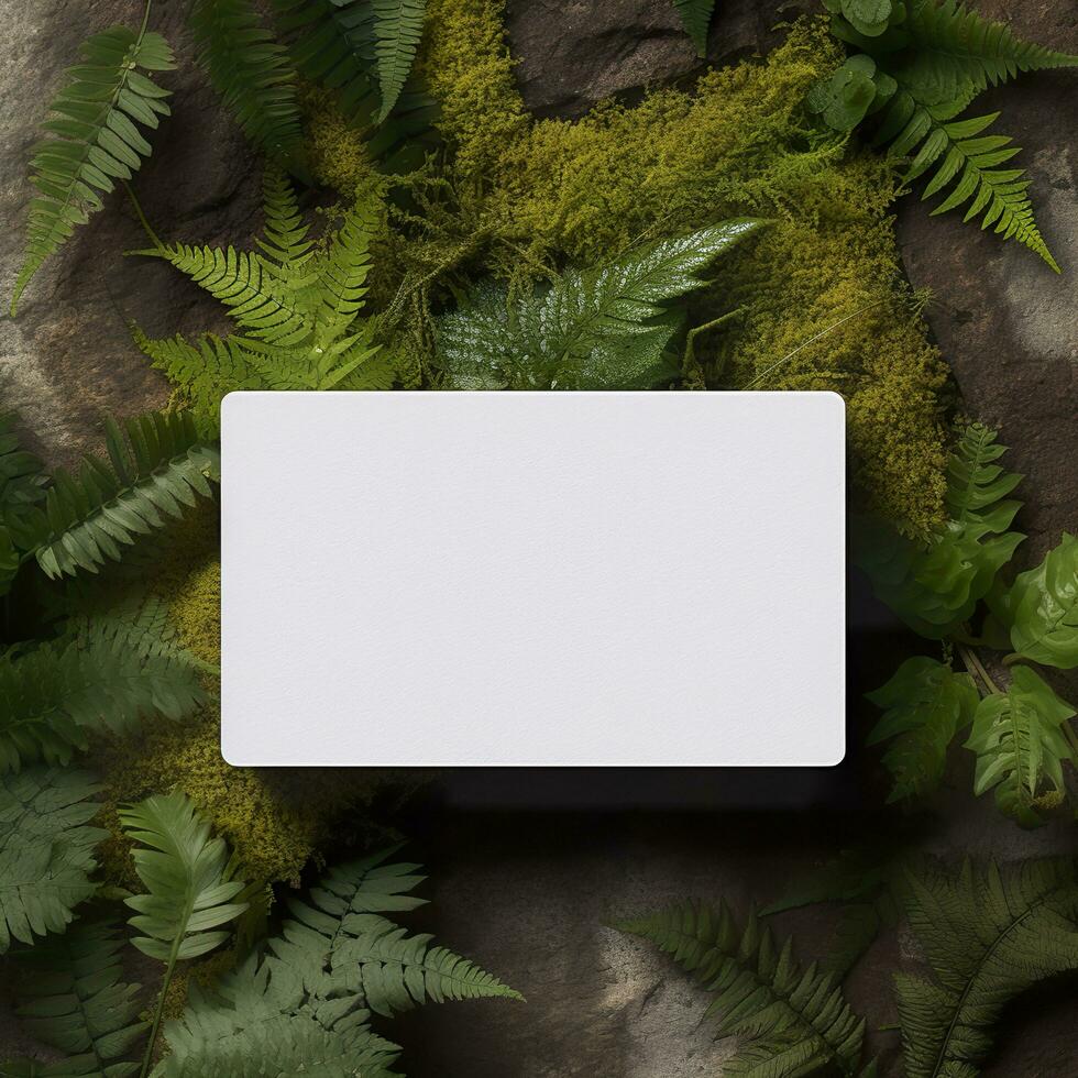 Blank business card on green leaves background. Generative AI photo