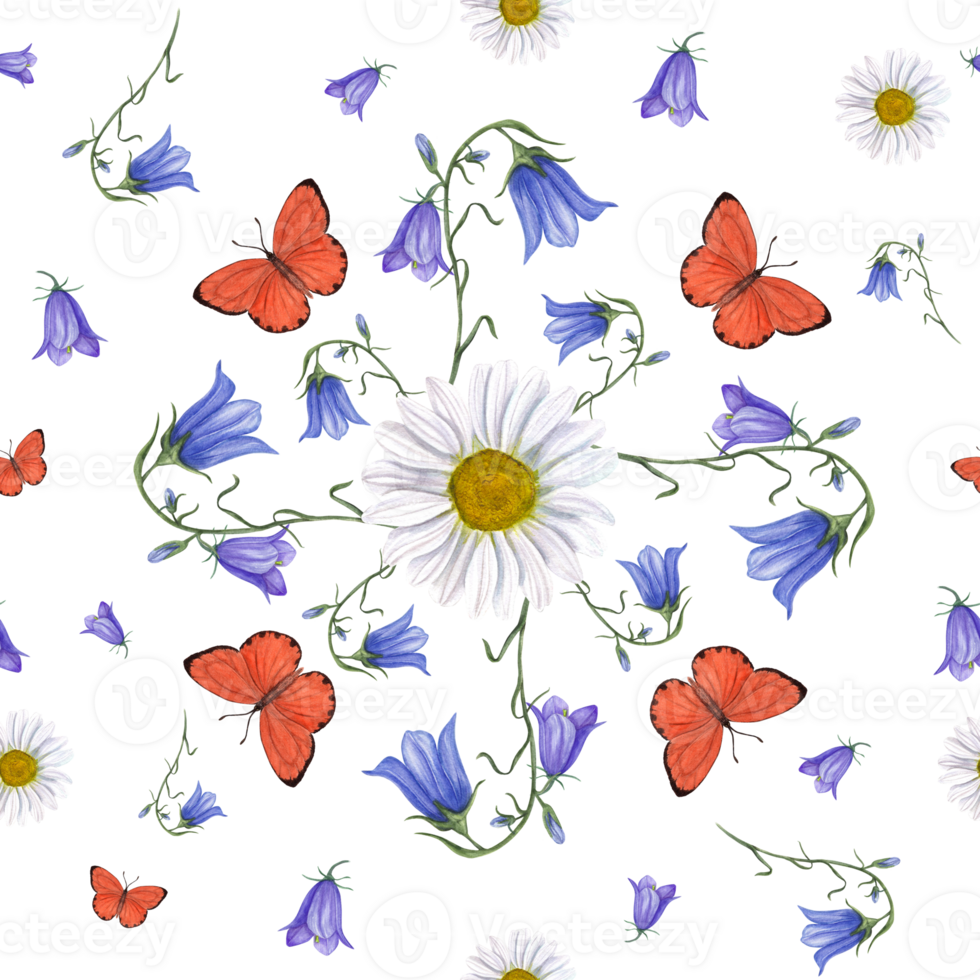 Watercolor seamless pattern of daisy, harebells and bright butterflies. For greeting card design, invitation template, prints, wallpaper, fabric, textile, wrapping. png