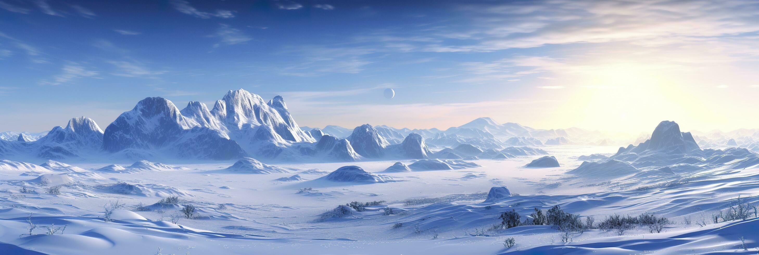 vast desolated snow land, big mountains in the background, snowfall with light blue sky and light blue colors, peaceful atmosphere,  AI Generative photo
