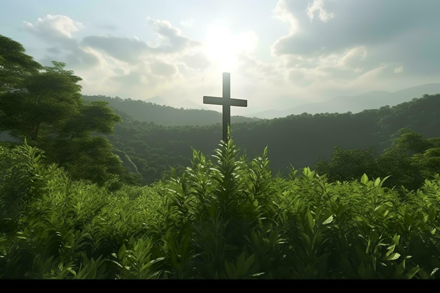 The cross of God with green Leaf, in the rays of the sun and blue sky. Cross on the hill with green trees and graeen natural view. Religious concept, AI Generative photo