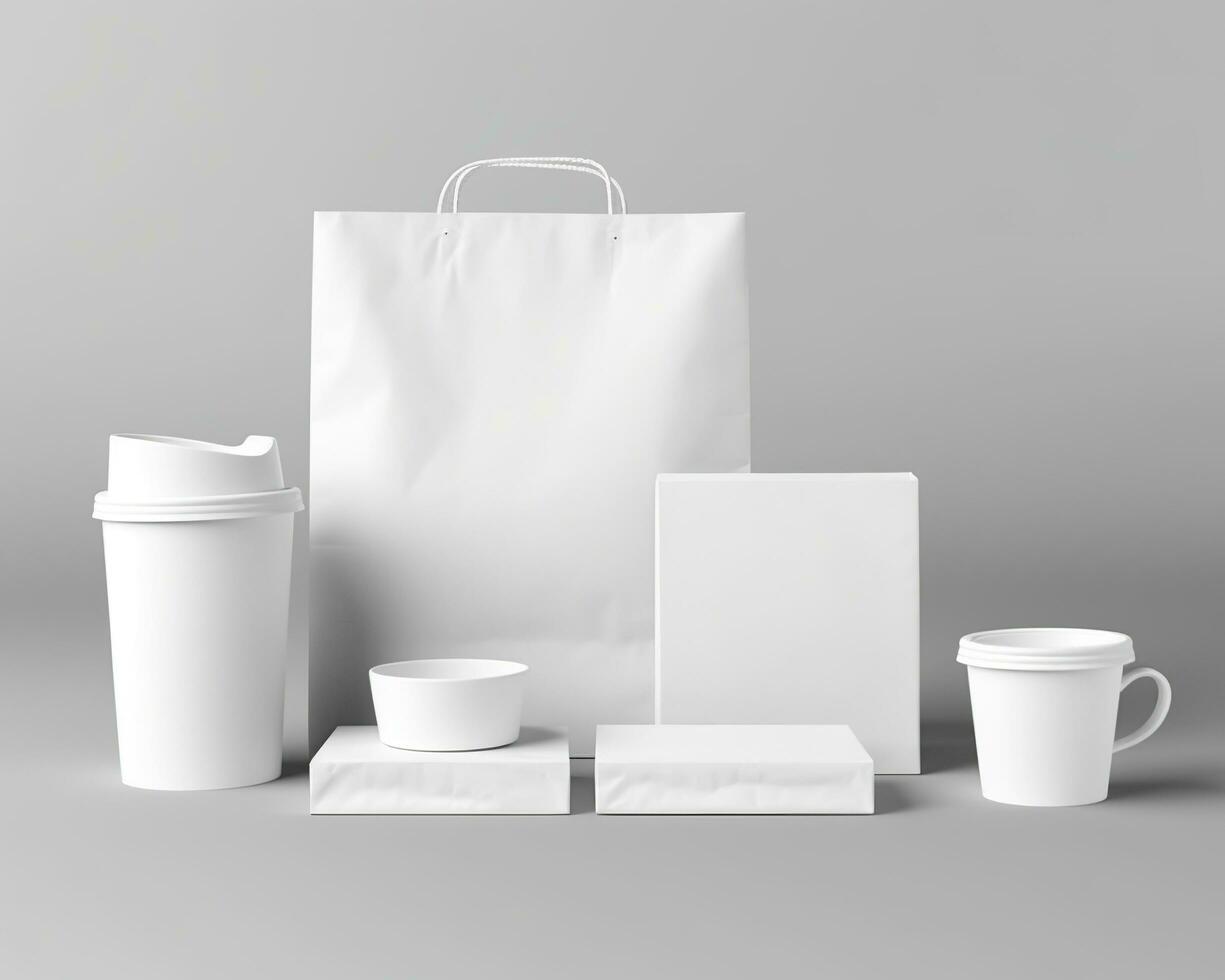 Blank bag, coffee mug, and cup on a light background. Generative AI photo