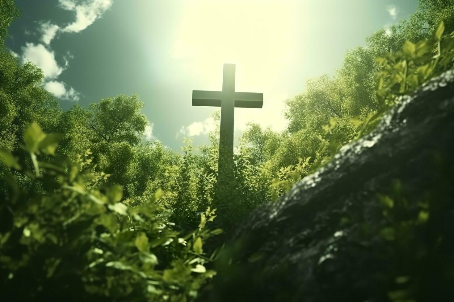 The cross of God with green Leaf, in the rays of the sun and blue sky. Cross on the hill with green trees and graeen natural view. Religious concept, AI Generative photo