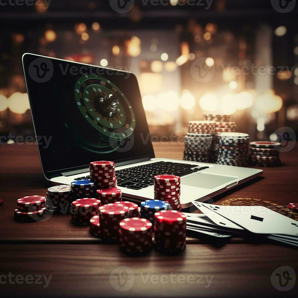 casino online. laptop with roulette chips and playing cards. gambling on the Internet. AI generated photo